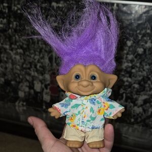 Vintage Purple Gem Purple Hair Troll Doll with Floral Shirt